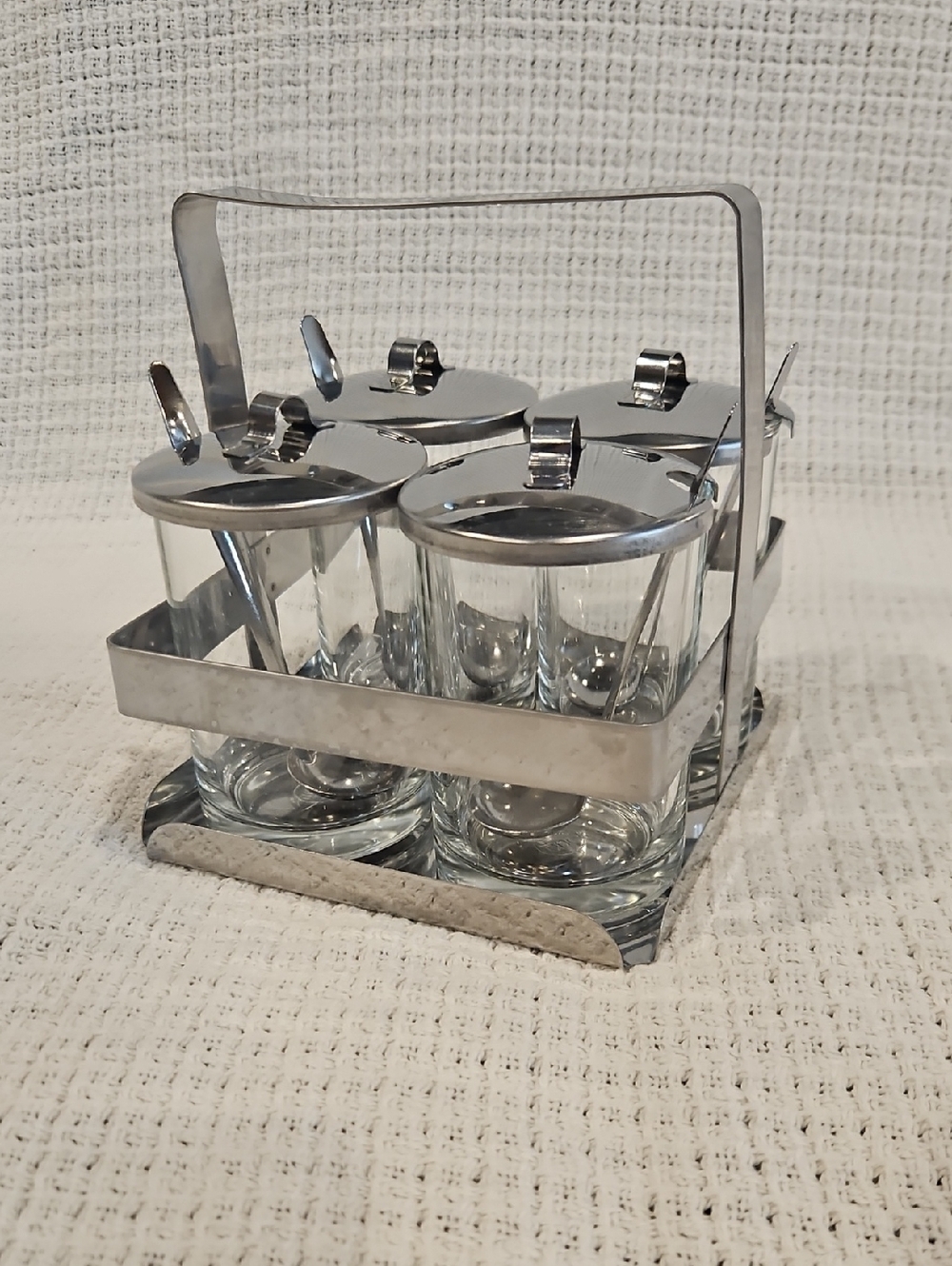 Vintage Stainless Steel & Glass Condiment Caddy Set w/ Spoons Rocket Thailand
